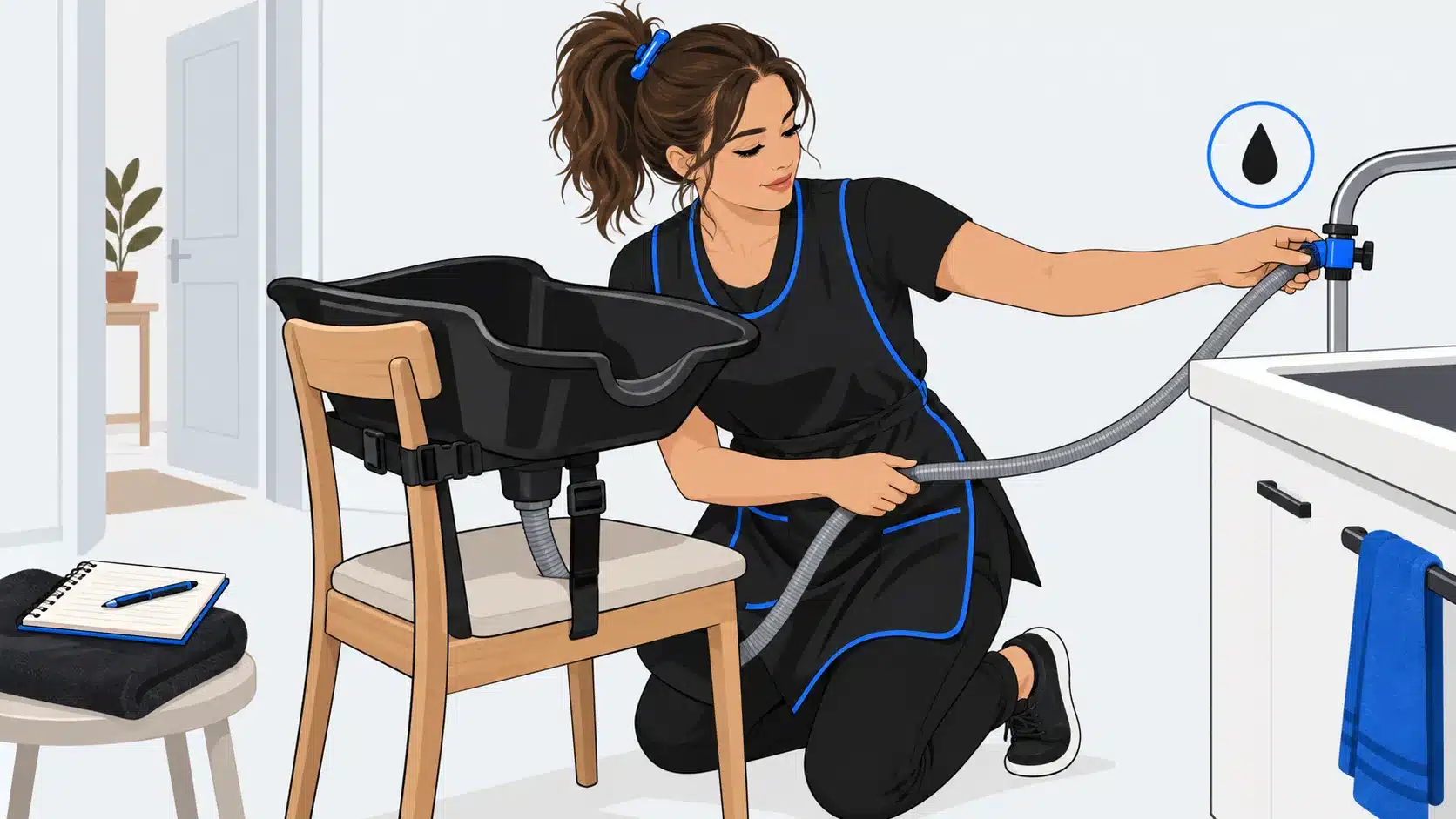 coiffeuse à domicile qui ajuste un bac à shampooing portable fixé sur une chaise dans la cuisine d'une cliente
