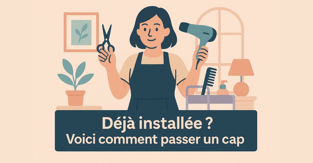 Coiffeuse à domicile tenant ciseaux et sèche-cheveux, bannière “Déjà installée ? Voici comment passer un cap” — guide coiffure à domicile