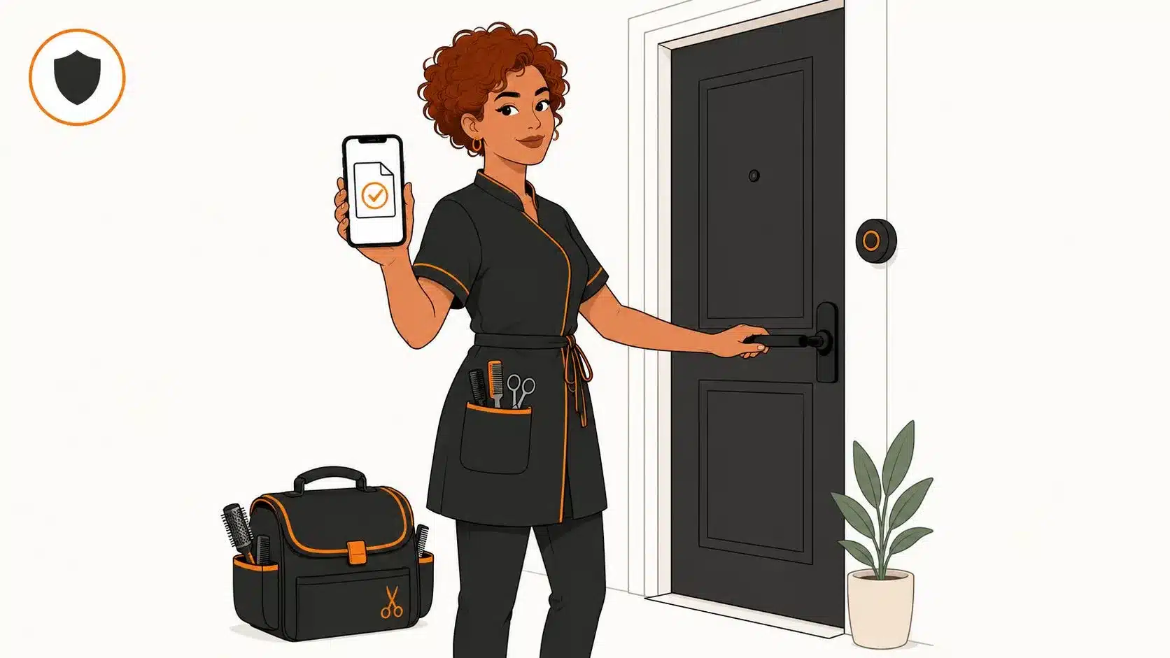 Coiffeuse à domicile debout devant la porte d'une cliente, vérifiant sur son téléphone son attestation d'assurance coiffeuse à domicile validée, sacoche de matériel posée à ses pieds avant son premier rendez-vous