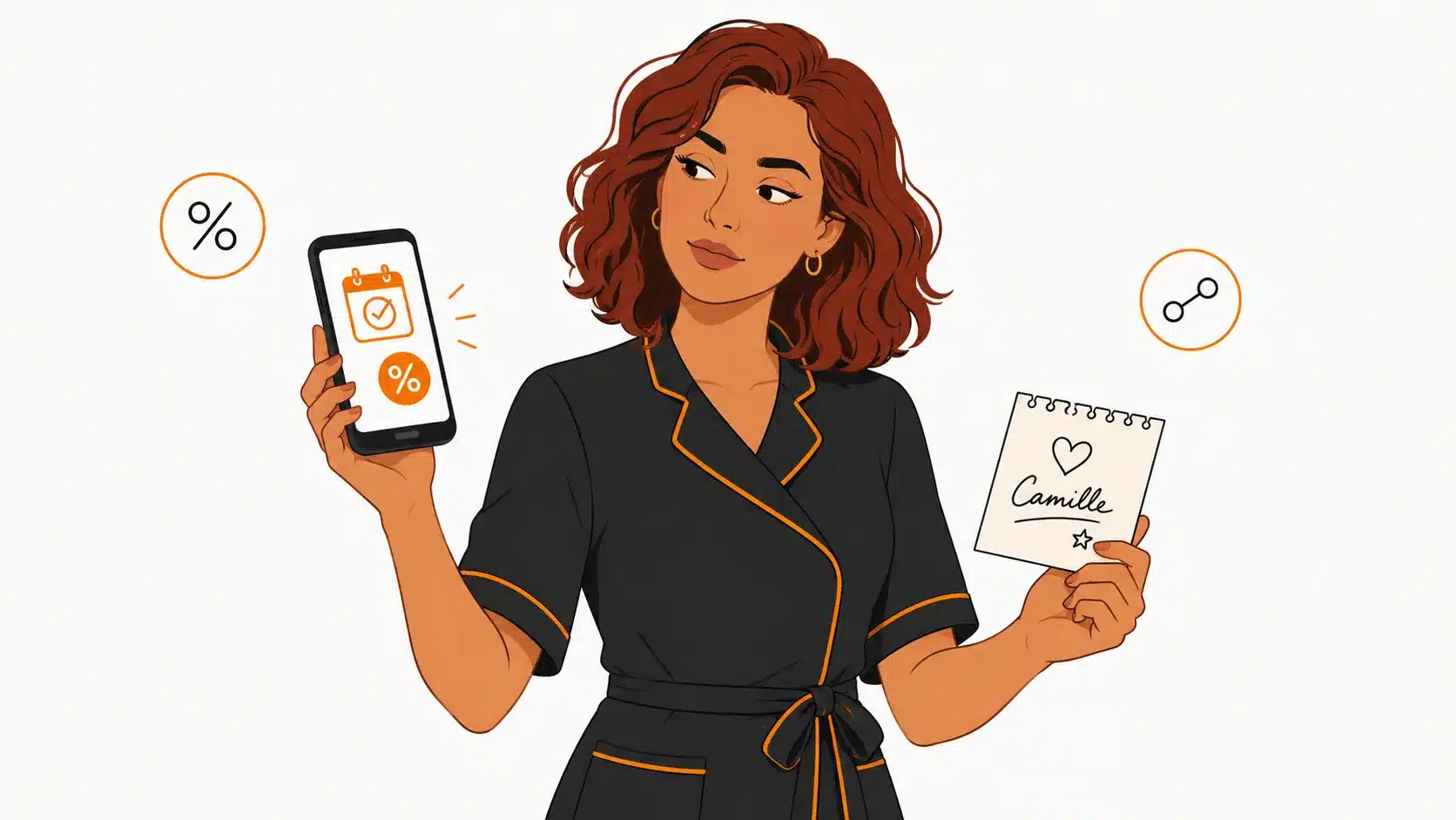 Coiffeuse à domicile comparant une notification de réservation via plateforme, avec commission affichée, à sa fiche de cliente directe