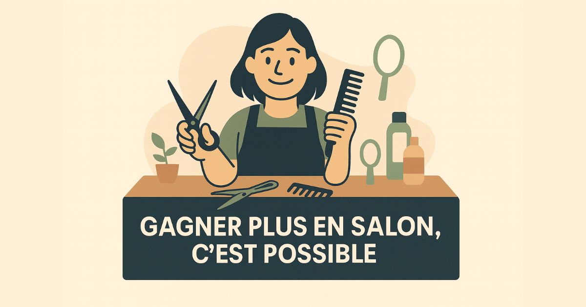 Coiffeuse en salon souriante tenant des ciseaux et un peigne, illustrant la possibilité d’obtenir une augmentation de salaire en coiffure