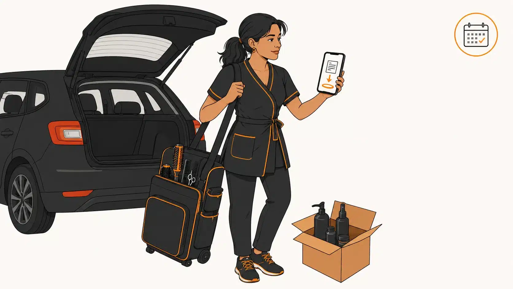 Coiffeuse à domicile debout près de sa voiture, elle consulte sur son smartphone une facture électronique reçue au moment même où un colis de produits est livré