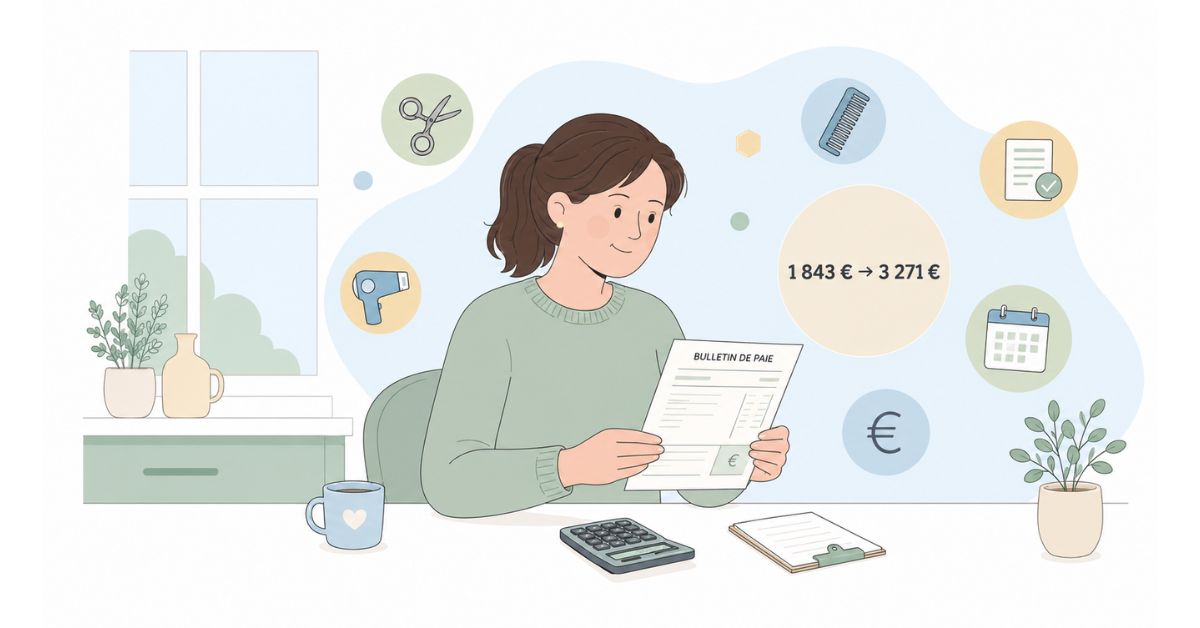 Coiffeuse en CDI examinant sa fiche de paie selon la grille conventionnelle 2026 de la coiffure.