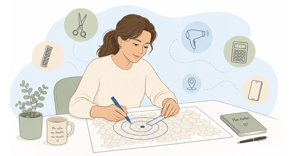Coiffeuse à domicile traçant son secteur d'intervention sur une carte avec trois cercles concentriques par distance