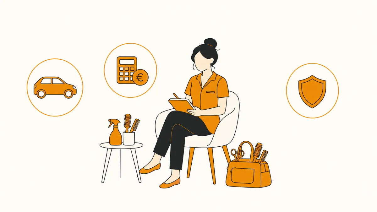 Illustration d'une coiffeuse à domicile faisant le point sur ses charges, ses kilomètres et sa protection sociale