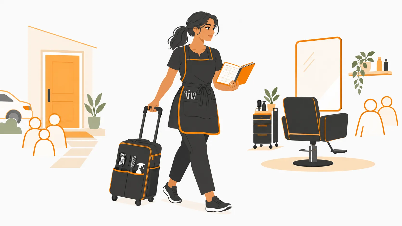 Coiffeuse à domicile avec sa sacoche à roulettes, entre une porte d'entrée et un fauteuil de salon, avec des silhouettes de clientes réparties de chaque côté