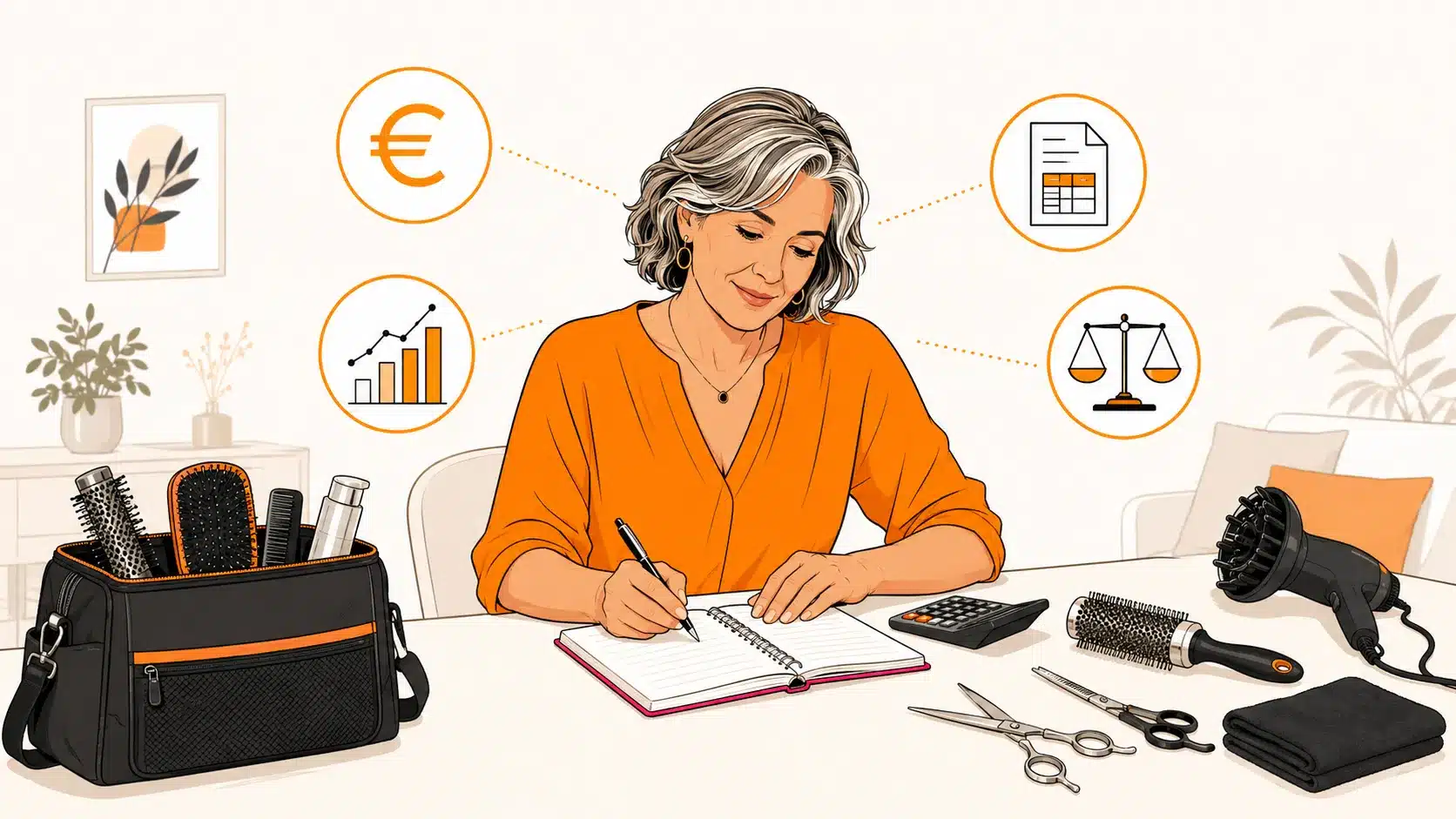 Coiffeuse à domicile faisant le point sur la TVA, ses tarifs, sa trésorerie et son revenu réel.