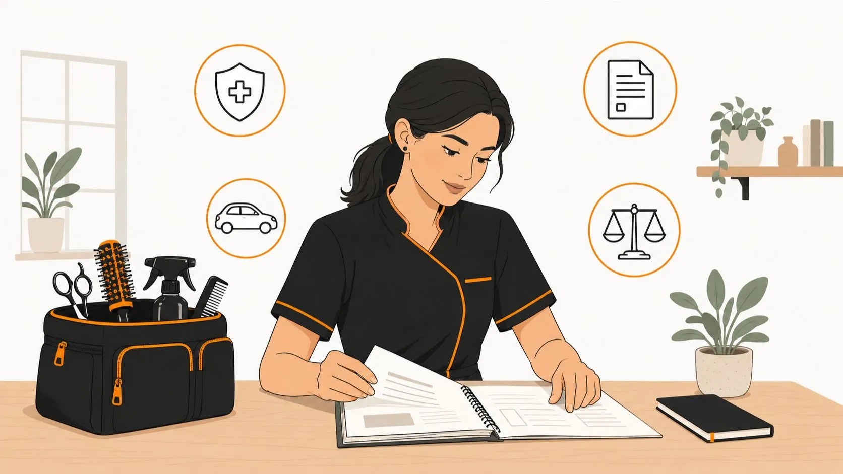 Coiffeuse assise à son bureau consultant ses documents sur l'accident du travail, entourée d'icônes bouclier, déclaration, trajet et comparaison de statut