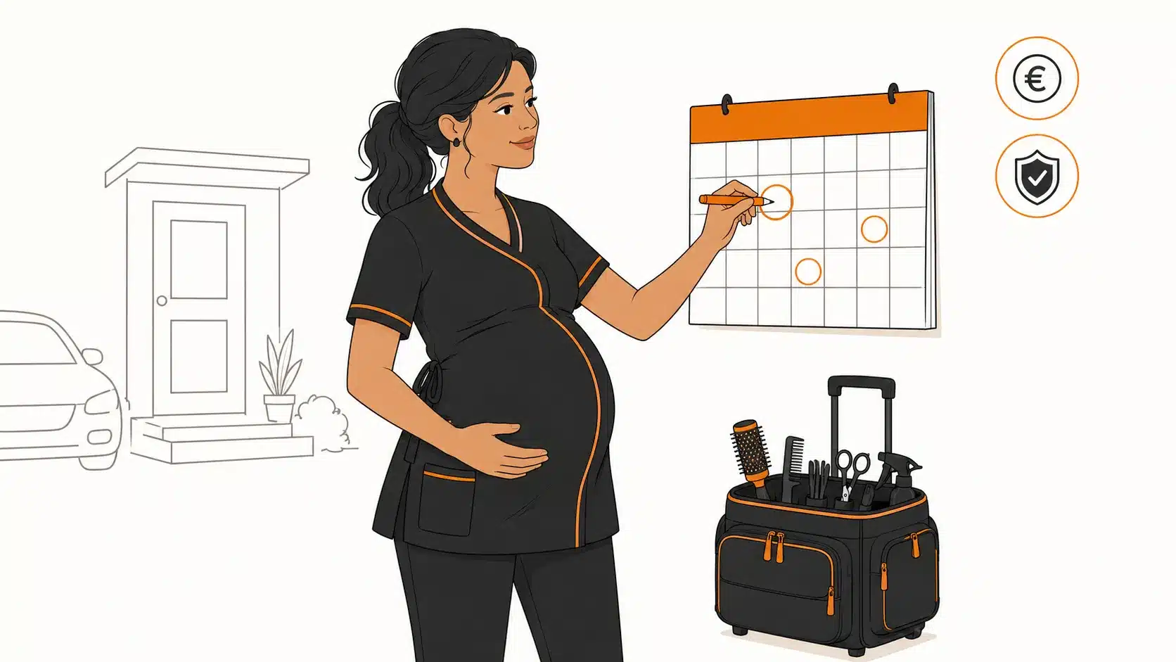 Coiffeuse à domicile enceinte, une main sur le ventre, qui marque une date sur un calendrier mural à côté de sa sacoche de coiffure posée au sol