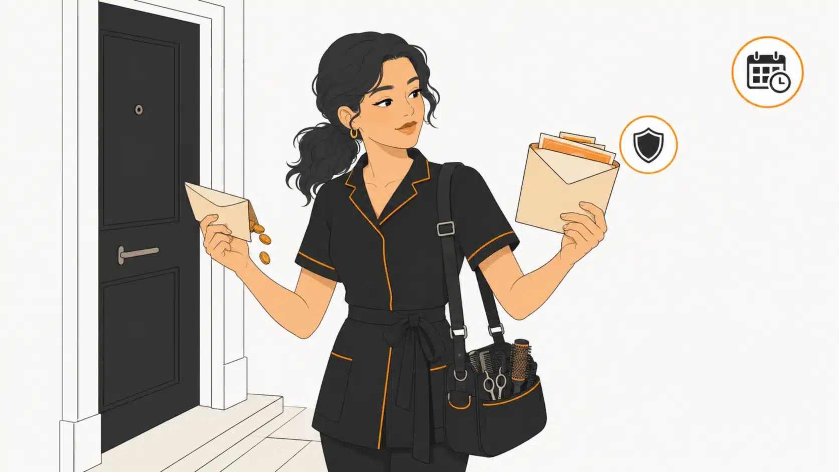 Coiffeuse indépendante tenant un contrat, à côté d'un bouclier de protection à moitié incomplet symbolisant la prévoyance manquante