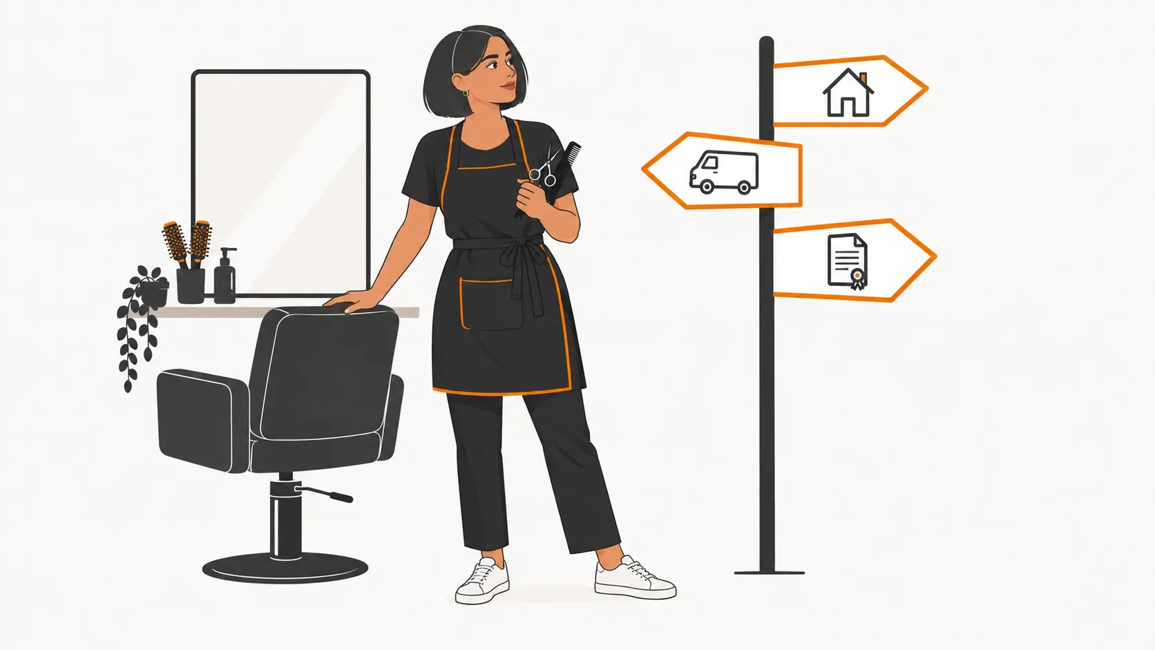 Coiffeuse en salon qui se tourne vers un panneau de signalisation indiquant plusieurs façons d'exercer la coiffure autrement, une main encore posée sur son fauteuil de salon
