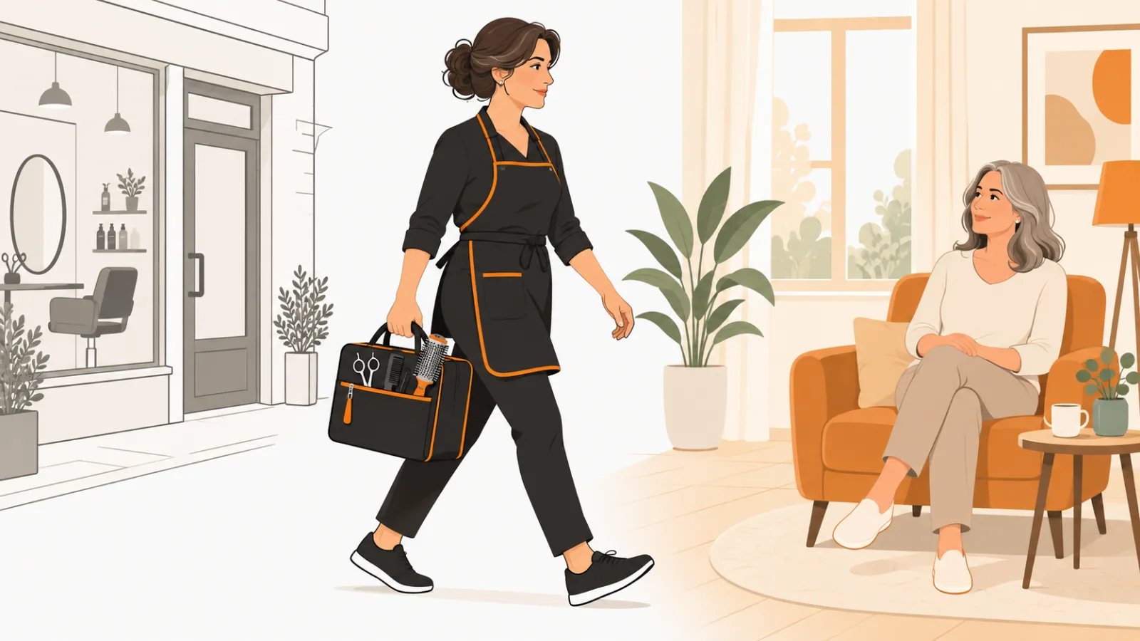 Coiffeuse professionnelle quittant son salon, sac d'outils à la main, pour rejoindre une cliente installée dans un intérieur chaleureux à domicile